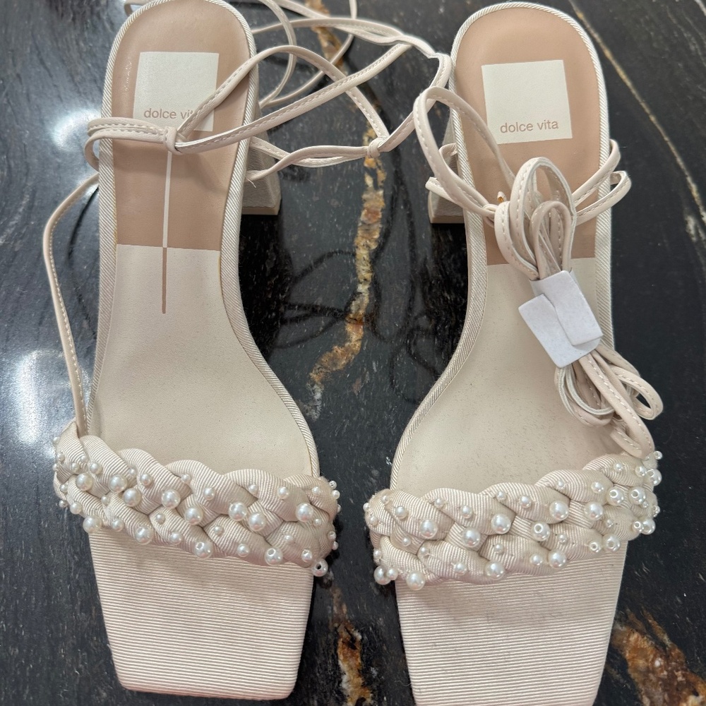 Dolce Vita Paxten Vanilla Pearls Tie Strappy Block Heeled Sandals